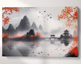 Oriental Mountain Landscape Canvas Print: Vegan Leather Wall Art