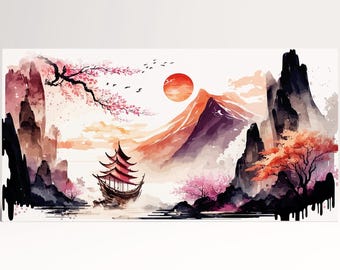 Sunset Junk Boat Mountain PETA Approved Faux Leather Wall Art