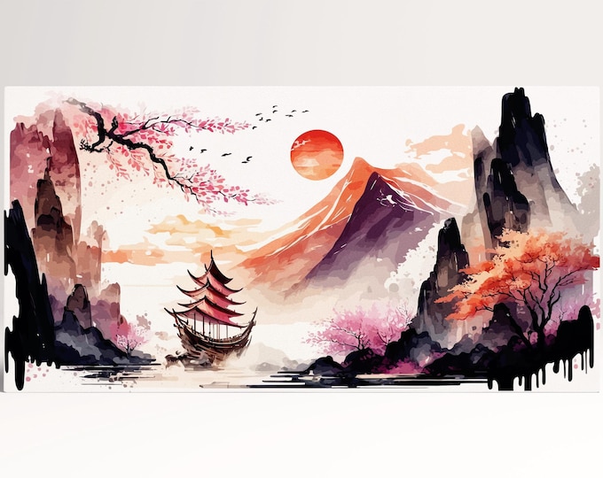 Crimson Junk Voyage Asian Wall Art Home Decor Framed Eco Leather Canvas Print, Made in Italy!