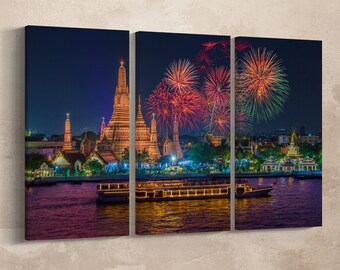 3 Panel Fireworks at Wat Arun, Bangkok city Leather Print/Large Bangkok Wall Art/Wat Arun Print/Multi Panel Wall Decor/Better than Canvas!