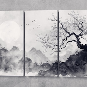 Stampa d&#39;Arte Inchiostro Bianco e Nero | Paesaggio Tradizionale Cinese Nuovo Anno Lunare | Canvas Stampa su Tessuto Ecopelle, Made in Italy!