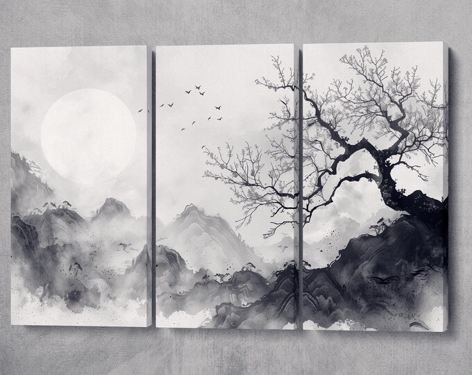 Black and White Ink Art | Traditional Chinese Lunar Landscape | Ink Painting Wall Art Large Wall Decor Eco Leather Print, Made in Italy!