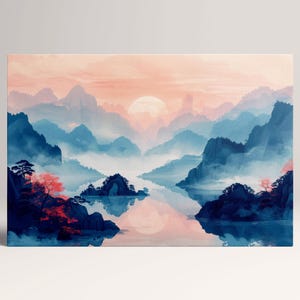 Montagne Nebbiose All'Alba Toni Pastello Canvas Stampa su Tessuto Ecopelle, Made in Italy!