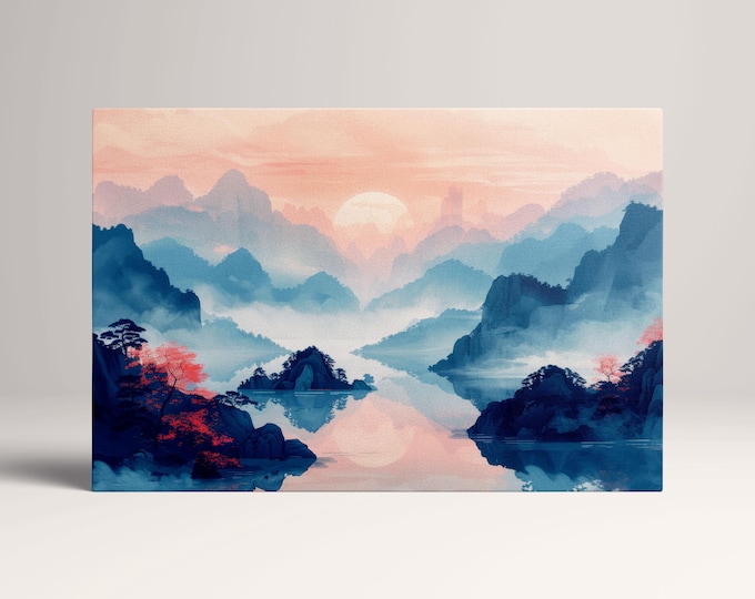 Misty Sunrise Mountain Pastel Tones Wall Decor Eco Leather Print, Made in Italy!