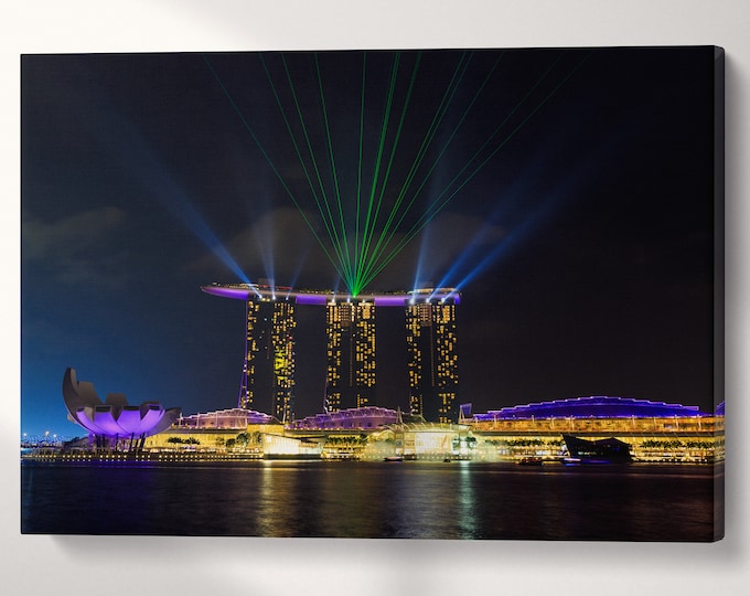 Marina Bay Sands Laser Show Wall Art Canvas Eco Leather Print, Made in Italy!