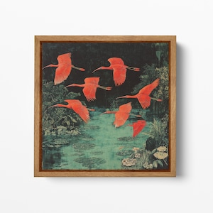 Uccelli Rossi in Volo Arte Cinese Canvas Stampa su Ecopelle con Cornice Made in Italy