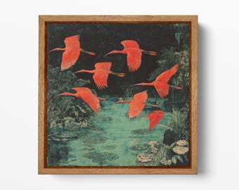 Red Ibis Flight Eco-Leather Wall Art: Chinese Pond Scene