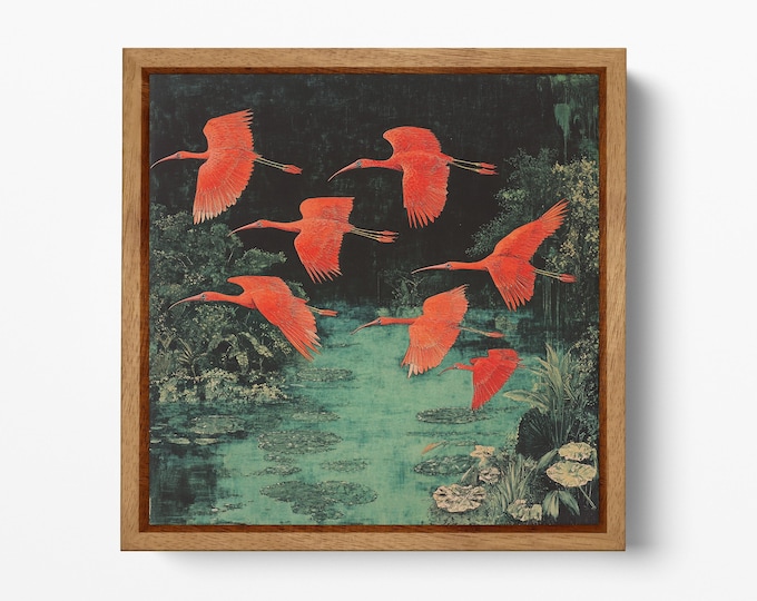 Red Ibis Flight Pond Scene Chinese Style Canvas Wall Art Eco Leather Print, Made in Italy!