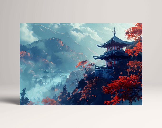 Echoes of Autumn: Misty Japanese Temple Serenity Canvas Wall Decor Print