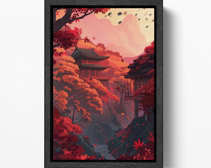 Serenity in Scarlet Japanese Autumn Wall Art Eco Leather Canvas Wall Decor Print, Made in Italy!