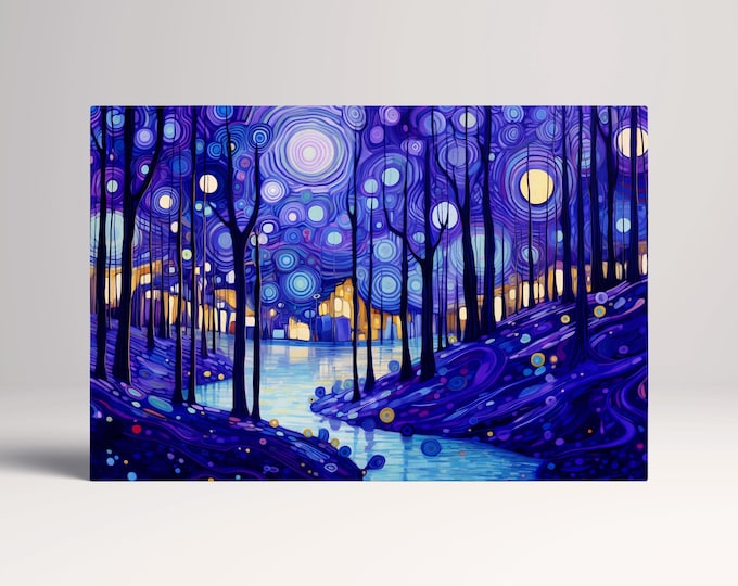 Starry Twilight Forest Van Gogh Inspired Wall Art Eco Leather Canvas Print