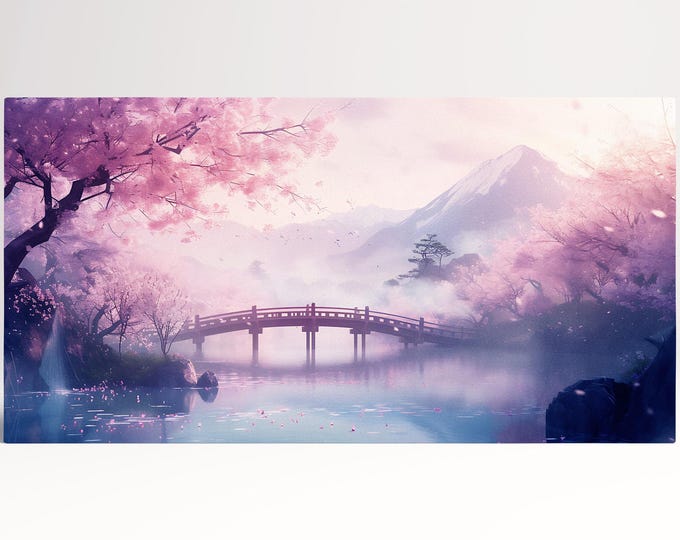 Japan Cherry Blossom Sakura Bridge Anime Wall Art Home Decor Framed Canvas Print, Made in Italy!