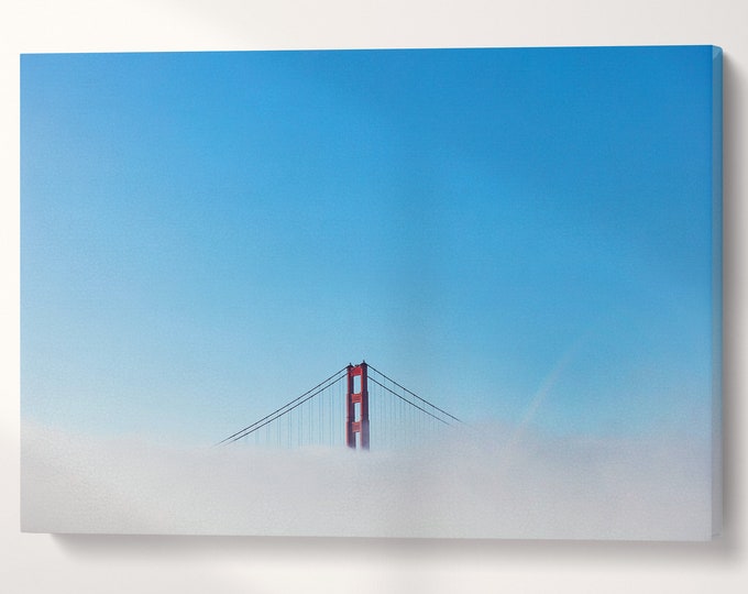 Golden Gate In The Clouds Blue Sky Canvas Wall Art Eco Leather Print Ready to Hang, Made in Italy!
