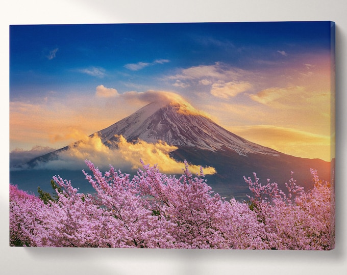 Fuji Cherry Tree Blossom Japan Wall Art Canvas Eco Leather Print, Made in Italy!