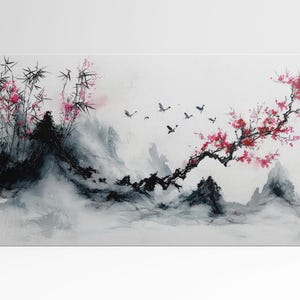 Serenità Scarlatta: Bambù e Fiori in Volo Canvas Stampa Stile Orientale su Tessuto Ecopelle Made in Italy
