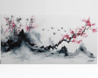 Cherry Blossom Bamboo Wall Art PETA Approved Eco Leather Single Triptych Zen Decor