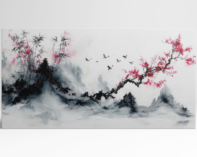 Scarlet Serenity: Bamboo and Blossoms in Flight Wall Art Home Decor Framed Canvas Print, Made in Italy!