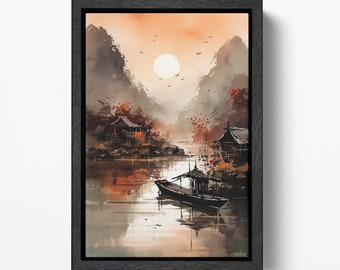 Ninh Binh Vietnam Sunset Eco Leather Wall Art Floating Frame