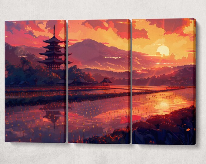 Sunset Serenity Japanese Rice Fields Canvas Wall Art Eco Leather Print, Made in Italy!