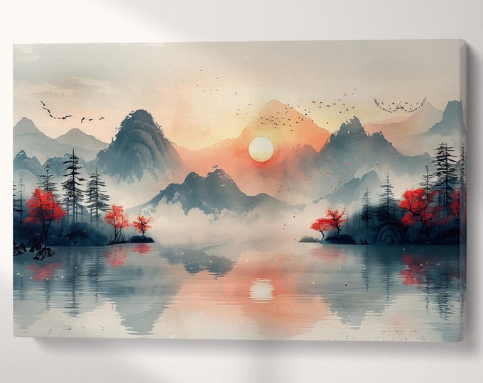 Dreamscape at Dawn: Mountains and Mist - Chinese Inspired Art Wall Decor Eco Leather Print, Made in Italy!