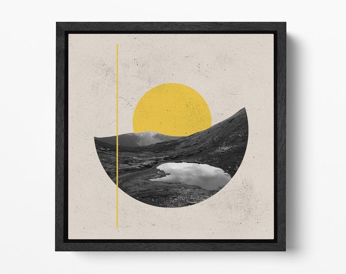 Art Collage Contemporary Art Sunset On Mountains With Lake Canvas Wall Art Framed Eco Leather Print, Made in Italy!