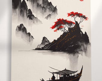 Minimalist Asian Landscape Boat Red Sun PETA Approved Eco Leather