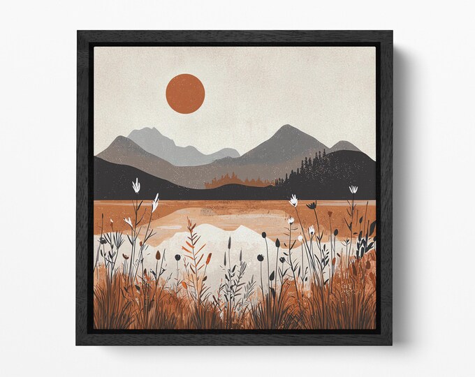 Amber Dusk Reflections Mountain Lake Landscape Artwork Wall Art Home Decor Framed Canvas Print, Made in Italy!
