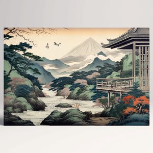 Natura Giapponese Maestosa Stile Ukiyo-e Canvas Stampa su Tessuto Ecopelle, Made in Italy!