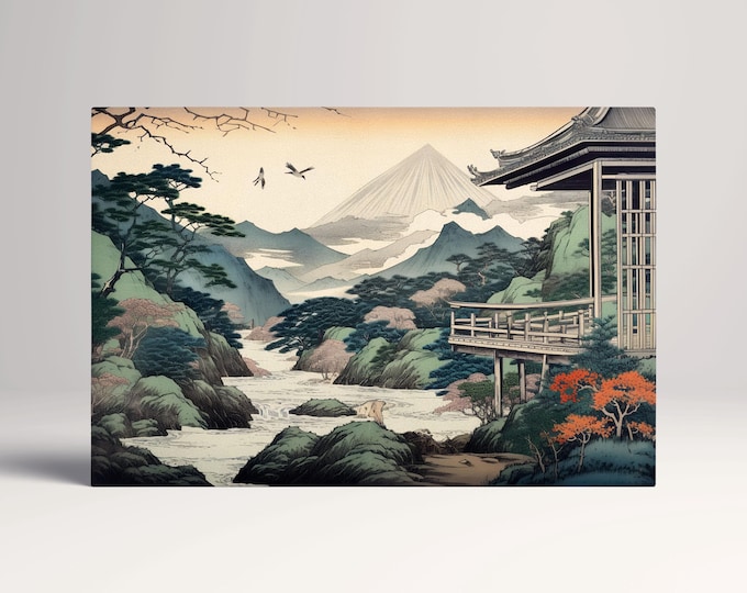 Majestic Japanese Nature in Ukiyo-e Style Japanese Nature Eco Leather Wall Art Canvas Print, Made in Italy!