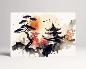 Japanese Pagoda Autumn Ink Art PETA Approved Eco Leather Canvas Multi Panel Wall Art