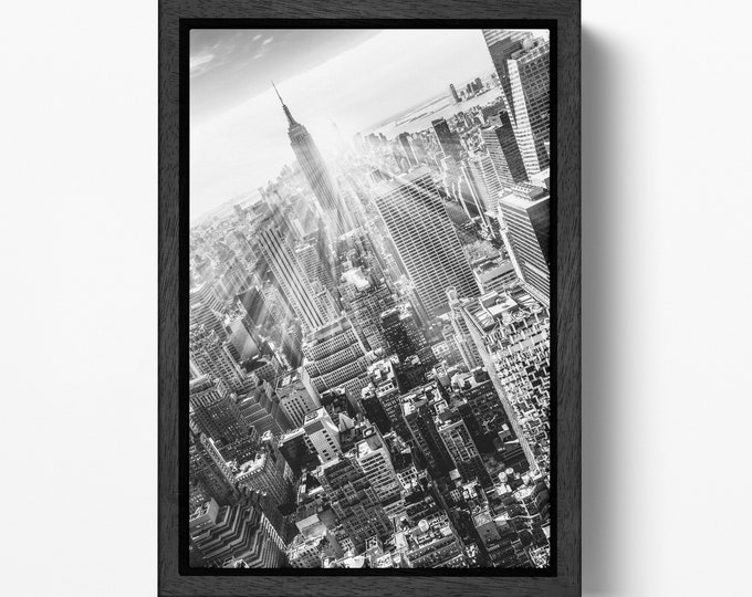 Empire State Building black and white framed canvas eco leather print, Made in Italy!
