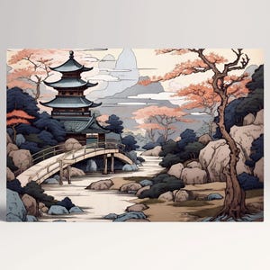 Tempio presso il Fiume Incantato dai Toni Soft Decorazione da Parete Stampa Tessuto Ecopelle, Made in Italy!