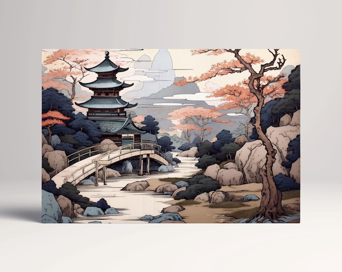 Japanese Temple by the Enchanted River in Soft Tones Canvas Home Art Wall Decor Eco Leather Print, Made in Italy!