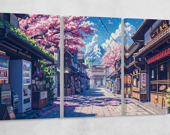 Japan Manga Street Cherry Blossom Anime Wall Art Home Decor Framed Canvas Print, Made in Italy!