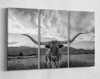 3 panel Texas longhorn steer black and white canvas leather print/Large canvas wall art/Longhorn cow/Wall art set/Framed canvas print