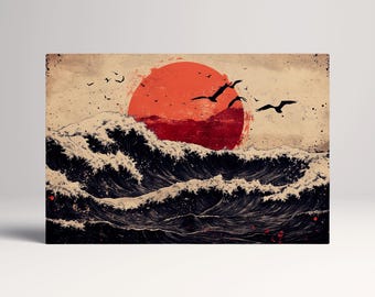 Ukiyo-e Ocean Wave Red Sun PETA Approved Eco Leather Multi Panel Art