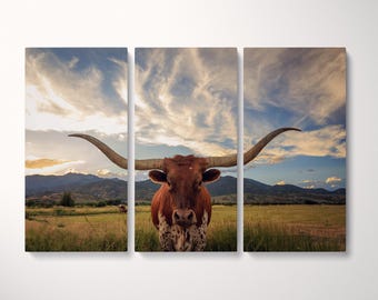 Texas Longhorn Steer Vegan Leather Canvas Print 3 Panel Wall Art Cowboy Gift