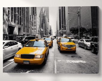 New York Yellow Taxi Vegan Leather Print: Black and White NYC Wall Art