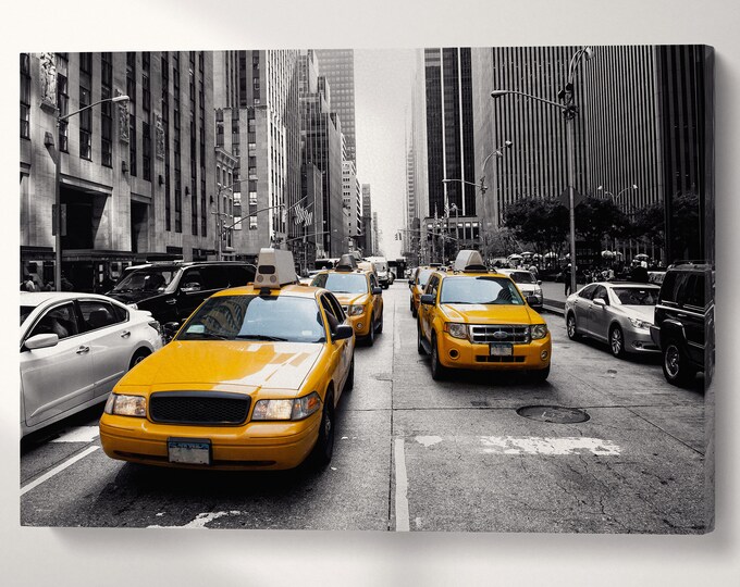 New York Yellow Taxi Leather Print/Black and White Canvas/Yellow Cab/New York Wall Art/Multi Panel Print/Made in Italy/Better than Canvas!