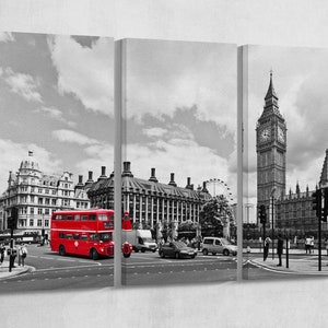 London Black and White and Red Bus Canvas Eco Leather Print, Made in Italy!