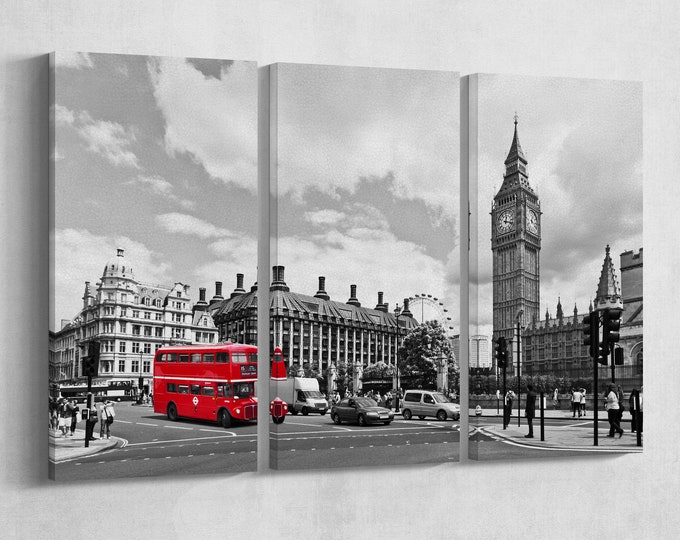 London Black and White and Red Bus Canvas Eco Leather Print, Made in Italy!