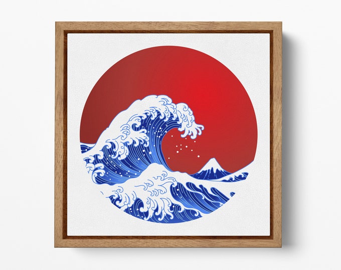 The Great Wave Off Kanagawa Japanese Wave Square Framed Canvas Wall Art Leather Print, Made in Italy!