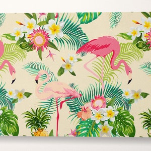 May include: A tropical print featuring pink flamingos, green palm leaves, and white flowers on a cream background.