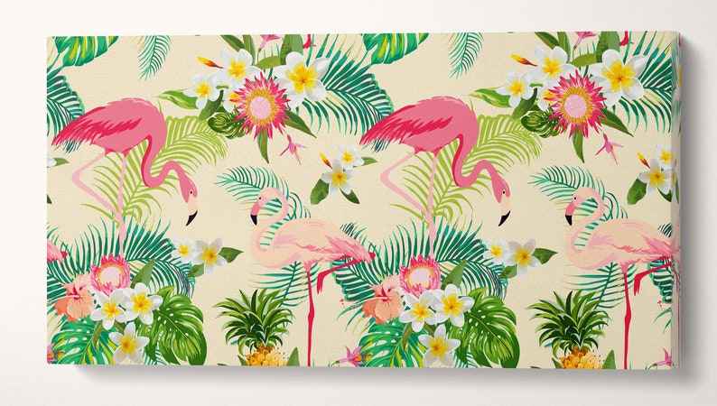 May include: A tropical print featuring pink flamingos, green palm leaves, and white flowers on a cream background.