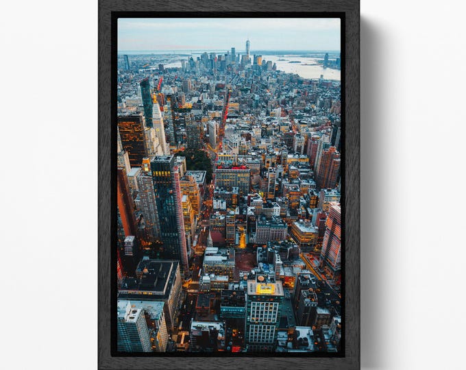 Manhattan Midtown and Downtown Aerial View Framed Canvas Eco Leather Print, Made in Italy!