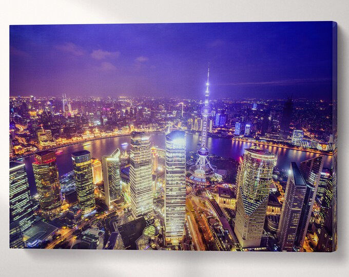 Shanghai Skyline at Night Canvas Eco Leather Print, Made in Italy!