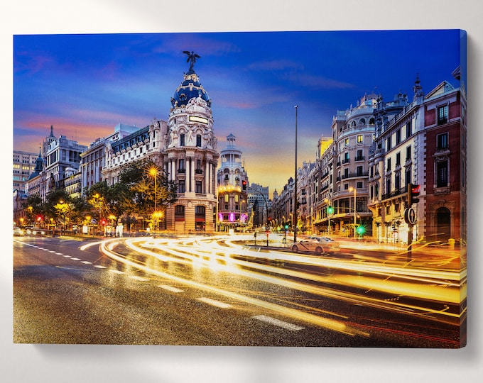 Madrid City Centre Gran Via Canvas Eco Leather Print, Made in Italy!