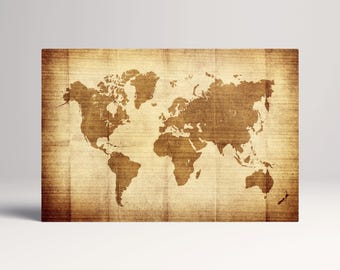 Vintage Beige Brown World Map Antique Style PETA Approved Eco Leather Wall Art