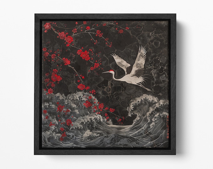 Crane in the Night Blossom Wall Art Framed Canvas Eco Leather Print, Made in Italy!
