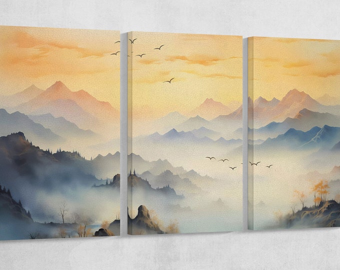 Beige Japan Mountain Sunrise Wall Art Home Decor Framed Canvas Print, Made in Italy!